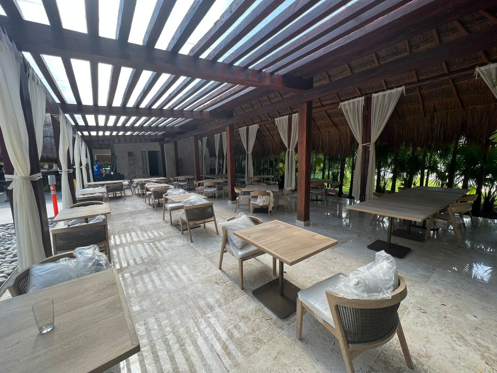 Olio restaurant — custom timber structure and architectural millwork, wide view