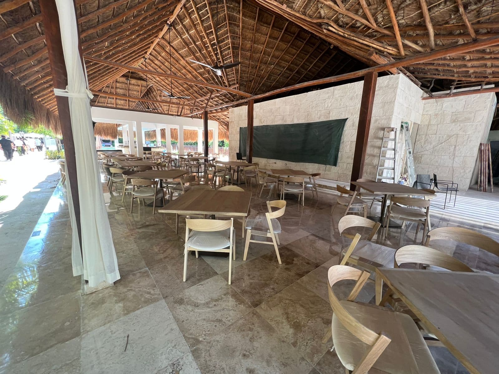 Interior view of Olio — hardwood ceiling treatment and architectural lattice detail